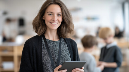 Teacher checks attendance with tablet while welcoming students