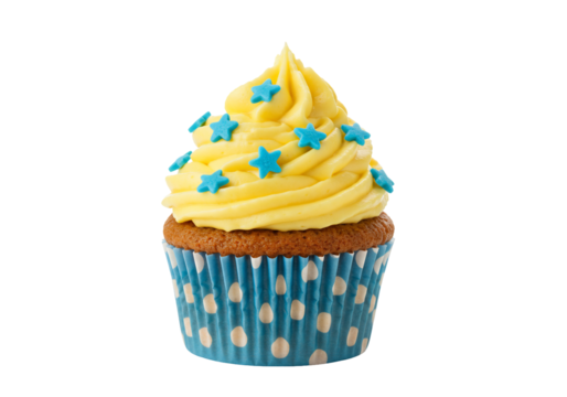 Yellow buttercream cupcake with blue star sprinkles on transparent background - Powered by Adobe
