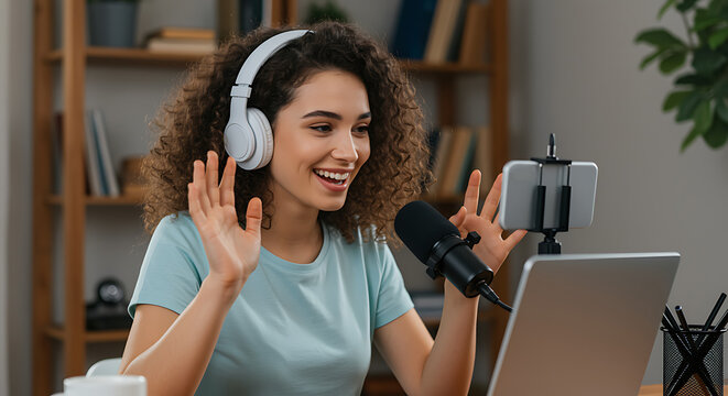 Young woman enthusiastically hosting a podcast or live stream with modern technology - Powered by Adobe