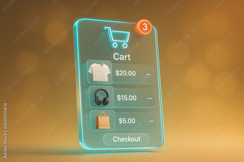 Poster modern glowing shopping cart interface displays items and prices, ready for seamless online checkout