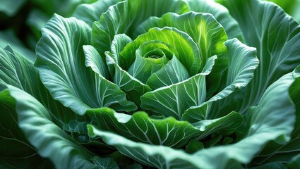 Obraz premium Green leafy vegetable, likely cabbage or lettuce, with large textured leaves. Healthy fresh produce with lush green color and intricate leaf patterns.
