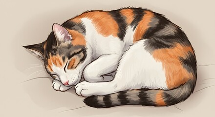 A curledup calico cat sleeps on a beige surface exhibiting orange black and white fur