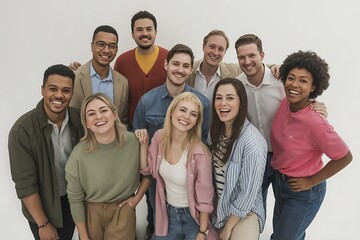 Diverse group of happy friends smiling and laughing together with arms around each other, pure joy