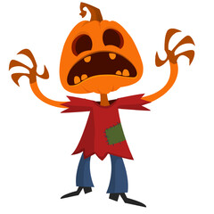 Cartoon funny Halloween pumpkin head face scarecrow expression. Vector illustration of jack-o-lantern monster character design with carved emotion