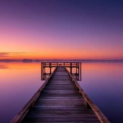 Obraz premium Serene sunrise over calm lake, wooden pier, peaceful dawn