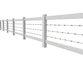 Modern white wooden fence with barbed wire stretching into the distance on a black background