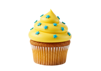 Yellow cupcake with blue star sprinkles on transparent background