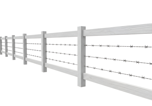 Modern white wooden fence with barbed wire stretching into the distance on a black background
