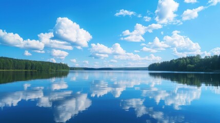 Fototapeta premium Serene Summer Lakeside: Where Mountains Mirror in Calm Blue Waters