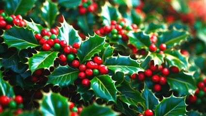 Obraz premium Holly plant with green leaves and red berries, Christmas decoration, holiday plant. Seasonal foliage and berries. The plant of holly with shiny, spiky leaves and bright red berries.