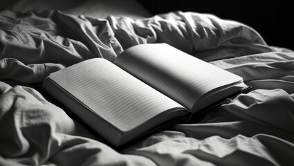 Open book on rumpled bed sheets, illuminated by soft light.