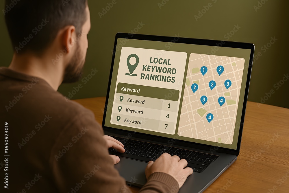 Poster man analyzing local keyword rankings on laptop screen, optimizing search engine visibility for busin