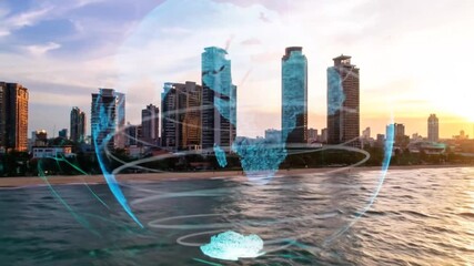 Coastal Cityscape with Digital Globe Overlay at Sunset - Powered by Adobe