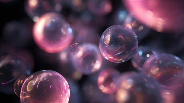 Enigmatic Bubble Cluster: A mesmerizing cluster of translucent, iridescent bubbles floats against a backdrop of blurred darkness, exuding a sense of weightlessness and ethereal beauty.