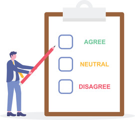 Flat illustration of businessman with giant pencil selecting option from checklist for decision making approval feedback and survey answer response

