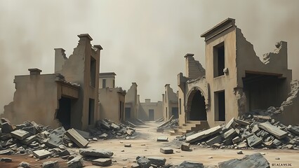 Obraz premium Crumbling abstract structures in muted tones, representing fragile societal foundations.