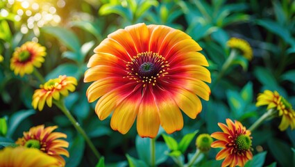 Obraz premium Vivid flower in bloom with yellow and red petals, surrounded by green foliage and other similar flowers.