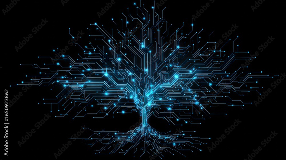 Poster digital tree: a futuristic digital tree comes alive with circuits, symbolising the fusion of nature 