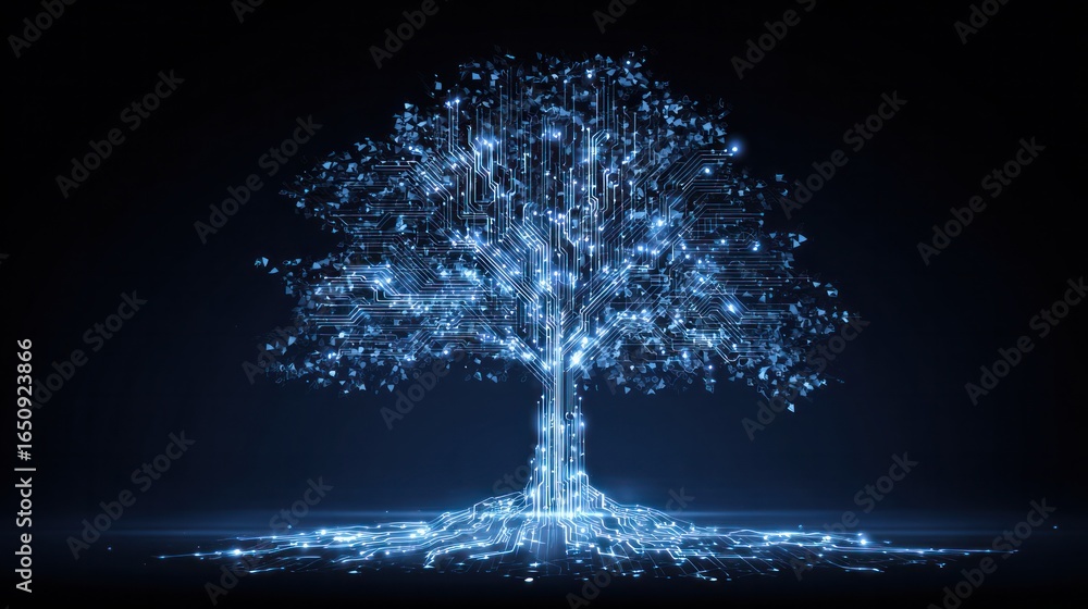 Poster digital tree: a luminous digital representation of a tree, its branches and roots interwoven with li