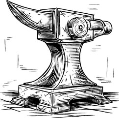 Vintage engraved illustration of anvil in bold black lines for retro design