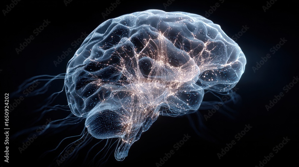 Poster brain illuminated: a close-up, high-tech depiction of a human brain glows with interconnected neural