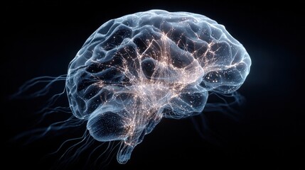 Brain Illuminated: A close-up, high-tech depiction of a human brain glows with interconnected neural pathways, emphasizing the complex beauty of the mind and the power of thought.