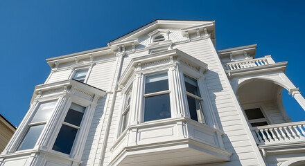 Obraz premium Victorian white house facade against clear blue sky