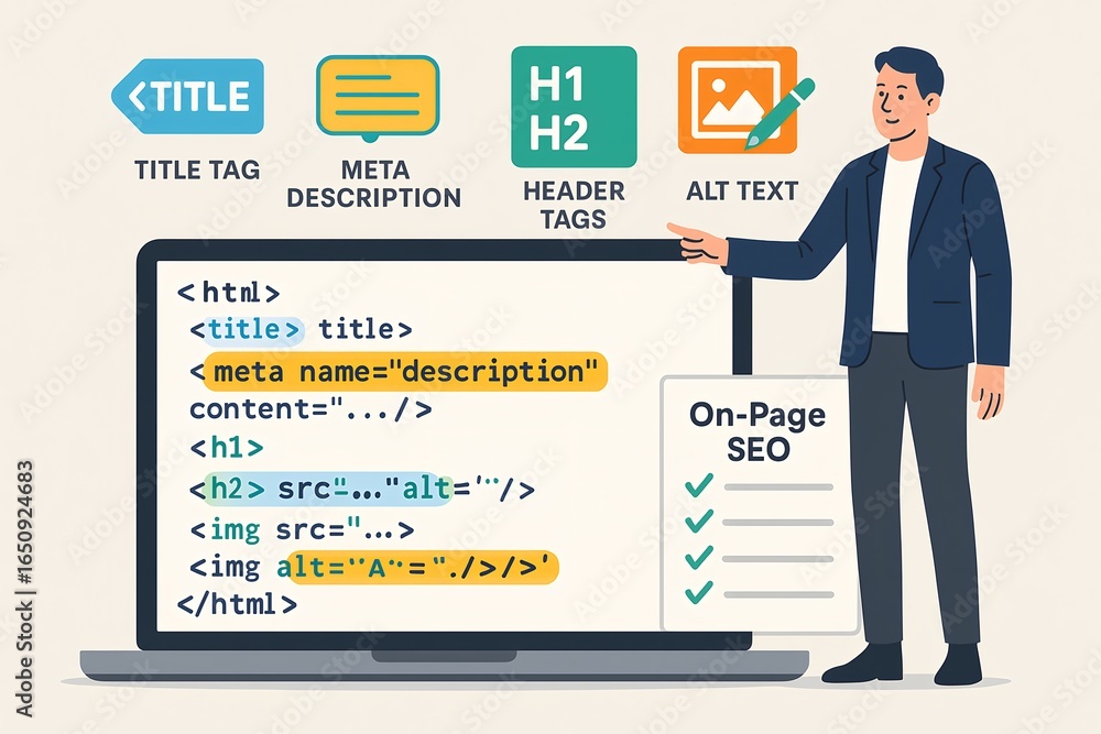 Poster master on-page seo with expert guidance on title tags, meta descriptions, header tags, and alt text 