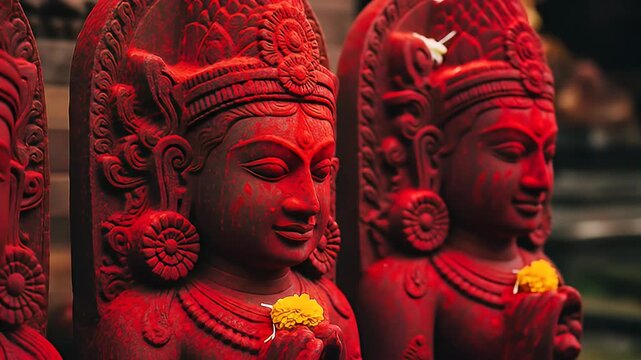 Detailed Red Stone Statues with Yellow Flowers in Nepal