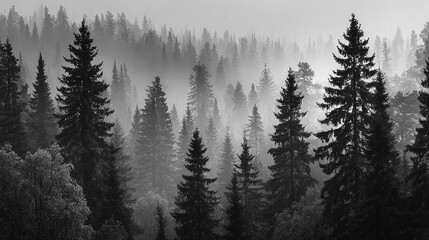 Obraz premium Radiation Fog Over Pine Forest with Light-Shadow Contrast and Mystic Atmosphere
