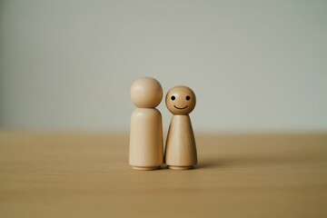 Charming togetherness two wooden dolls standing side by side embodying friendship and support for family values or relationship concepts