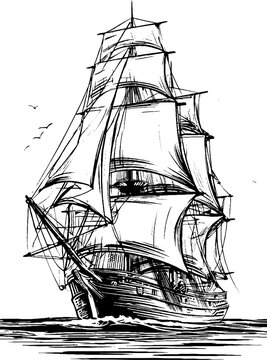 Vintage hand drawn engraving of brigantine sailing ship silhouette