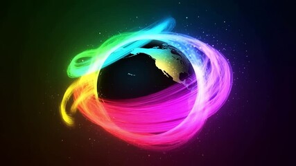 Vector art of a vibrant and colorful digital rendering of planet earth surrounded by swirling energy and light trails 4k - Powered by Adobe