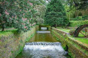 A small stream of water flows through a garden with a stone wall. The water is clear and the garden...