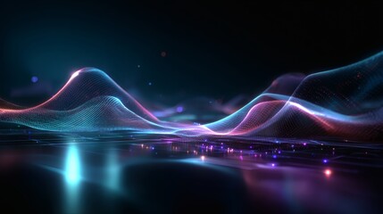 Abstract neon gradient holographic wave with glowing pink and cyan luminous mesh, futuristic digital spectrum, immersive luminous flow, AI big data visualization, cyberpunk glowing reflections, 