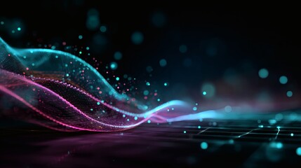 Abstract neon cyber wave with glowing pink and turquoise particles, luminous holographic mesh, immersive flowing spectrum, sci-fi digital texture, AI data visualization, cyberpunk gradient light, 