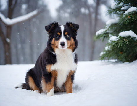 A cute Mini Aussie on white snow with the beautiful plant background.