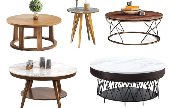 Different styles of retro vintage table on white background.png