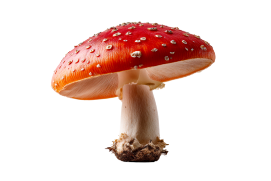 Bright red mushroom with white spots on cap