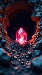 A glittering gemstone emerges from a rough, dark mine shaft, symbolizing the precious reward of mining A concept image representing discovery and wealth , crystal, ore