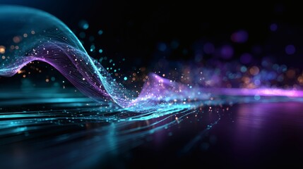 Abstract holographic neon wave with glowing turquoise and violet luminous mesh, futuristic glowing gradient, immersive luminous cyberpunk trail, AI data visualization, sci-fi holographic spectrum, 