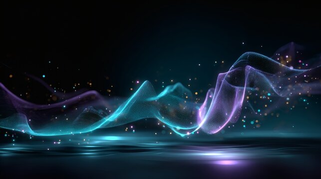 Abstract holographic neon wave with glowing turquoise and violet luminous mesh, futuristic glowing gradient, immersive luminous cyberpunk trail, AI data visualization, sci-fi holographic spectrum, 