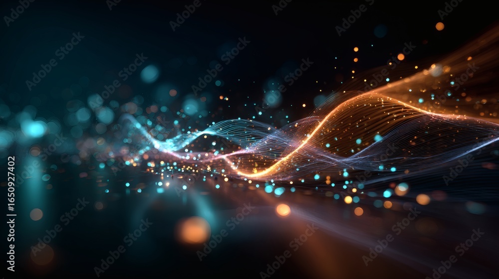 Poster abstract holographic glowing wave with neon orange and cyan luminous gradient, immersive futuristic 