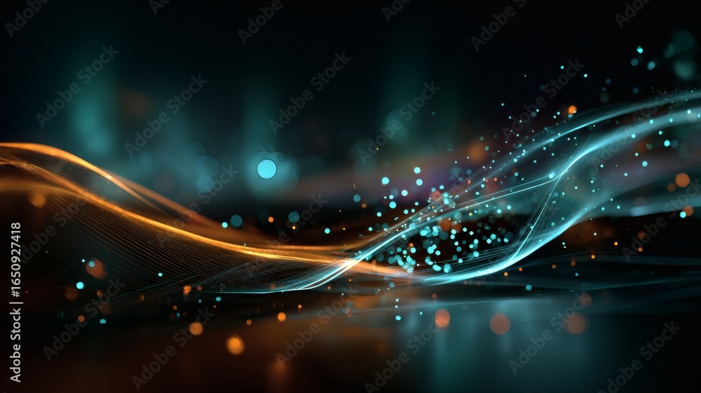 Poster abstract holographic glowing wave with neon orange and cyan luminous gradient, immersive futuristic 