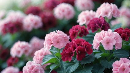 Clusters of pink and dark pink flowers with green leaves in a garden setting.