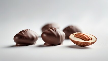 Chocolate-covered nuts with a pecan inside, arranged on a white surface.