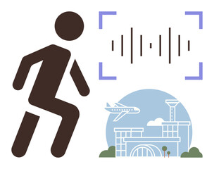 Running figure paired with soundwave recognition graphic and an airport building with a flying plane. Ideal for travel, technology, security, monitoring, innovation, airport navigation, metaphor