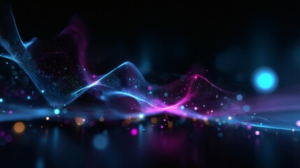 Abstract cyber luminous wave mesh with glowing blue and magenta neon gradient, immersive holographic design, futuristic luminous particles, AI visualization of data energy, sci-fi abstract glowing 