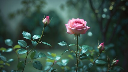 Pink rose with buds in a garden setting, surrounded by lush green leaves and softly blurred background.