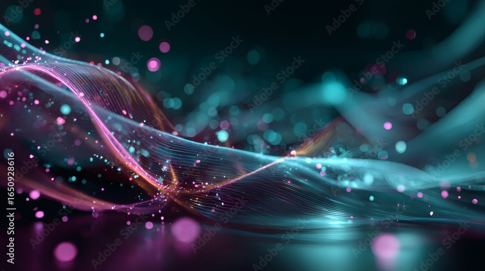 Poster abstract 3d wave motion with glowing holographic magenta and cyan particles, futuristic luminous mes